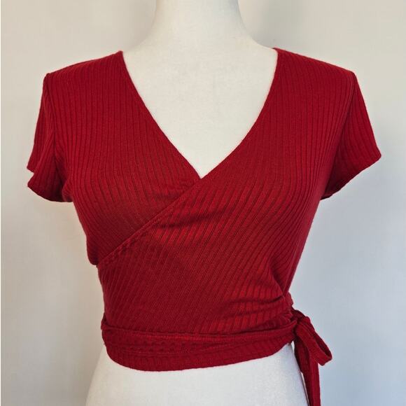 Reformation Red Ribbed Wrap Crop Top Size S Short Sleeve Stretch Knit - Picture 1 of 3
